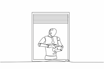 Single one line drawing of robot with plant holding cat and looking through window. Robotic artificial intelligence. Electronic technology industry. Continuous line design graphic vector illustration