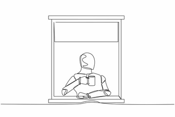 Single continuous line drawing robot enjoy hot coffee or tea in window house, holding mug, looking through window. Future technology. Artificial intelligence. One line draw design vector illustration