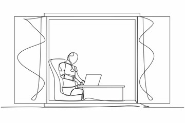 Single continuous line drawing robot sitting at desk and using laptop near window. Factory management. Future technology development. Artificial intelligence. One line draw design vector illustration