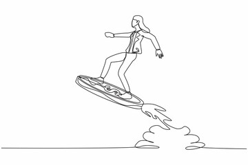 Continuous one line drawing businesswoman riding dollar coin rocket flying in sky. Financial planning for increase income, business opportunity to success. Single line draw design vector illustration