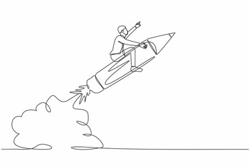 Continuous one line drawing businessman riding pencil rocket flying in the sky. Pencil rocket as education, creativity, imagination or creative freedom. Single line graphic design vector illustration