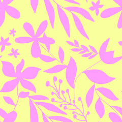 Abstract Hand Drawing Monochrome Flowers Branches and Leaves Sketch Seamless Tropical Vector Pattern Isolated Background
