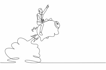 Continuous one line drawing businessman riding piggy bank rocket flying in the sky. Saving money concept, financial planning from economic crisis. Single line draw design vector graphic illustration