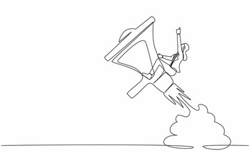 Continuous one line drawing businesswoman riding megaphone rocket flying in the sky. Storytelling with precise message. Soft skill to communicate. Single line draw design vector graphic illustration