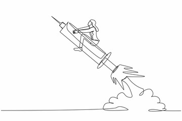 Single continuous line drawing businesswoman riding syringe rocket flying in sky.