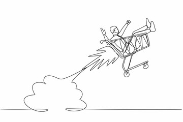 Continuous one line drawing businessman riding shopping trolley rocket flying in the sky. Happy man in supermarket, spare time, leisure, vacation, fun. Single line graphic design vector illustration