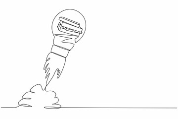 Single one line drawing pile of book launching with light bulb. Concept of knowledge, space, wisdom. Bookstore or book festival and fair. Modern continuous line draw design graphic vector illustration