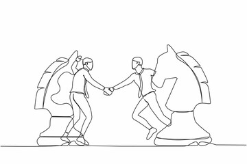 Continuous one line drawing businessman competitors standing on horse chess piece, handshaking after finish agreement. Negotiation strategy, win-win situation. Single line design vector illustration