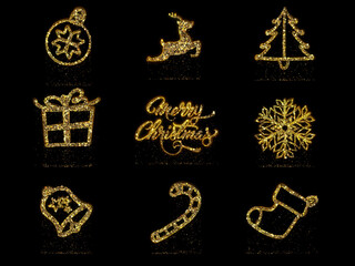 Gold Christmas elements pack include ball, reindeer, Christmas tree, gift box, merry Christmas text, snowflake, bell, candy cane and sock for decorations.