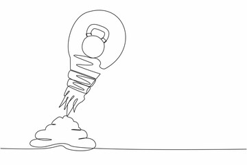 Continuous one line drawing kettlebell launching with light bulb. Acceleration strength exercises. Equipment for gym, fitness, sports, bodybuilding. Single line draw design vector graphic illustration