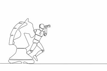Continuous one line draw robot standing on horse chess piece using telescope to see business vision. Success strategy in tech industry. Artificial intelligence. Single line design vector illustration