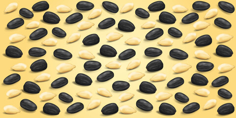 Whole and cleaned sunflower seeds. Vector pattern. Yellow gradient background. Seeds in the shell and kernels of sunflower seeds