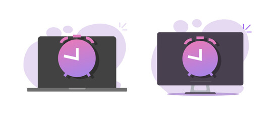 Time work alarm countdown clock icon on computer online illustrated vector, pc deadline urgent schedule timer, important agenda schedule, fast launch symbol, wake up app image, history backup clipart