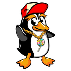 penguin character mascot vector illustration wearing a gold chain and candy wearing a hip hop style hat