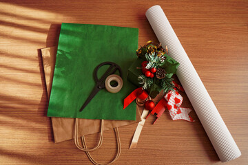 Gift wrapping preparations for Christmas.               