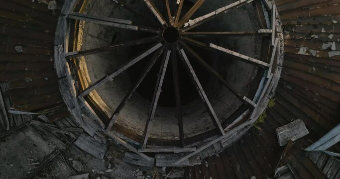 Decayed Roof Of Sanatorium Iveria's Bath House In Tskaltubo, Georgia. aerial topdown flyby
