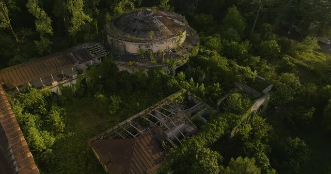 View From Above Of Ruins Of Sanatorium Iveria And Its Bathhouse In Tskaltubo, Georgia. aerial