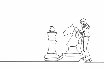 Single one line drawing businesswoman holding horse chess piece to beat king chess. Business development strategy, winning competition, tactics in game. Continuous line draw design vector illustration