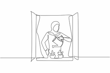 Fototapeta premium Single one line drawing active Arab woman watering flowers on the balcony. Young lady doing gardening favorite hobby. Home garden, house plants growing. Continuous line draw design vector illustration