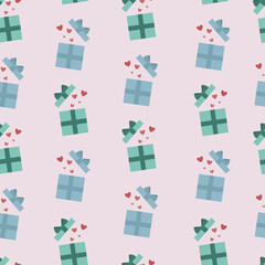 Cute seamless pattern with hearts and presents boxes. St. Valentine's day pattern. Illustration for cards, posters, flyers,webs. 