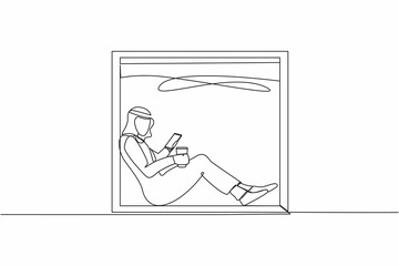 Single one line drawing young Arab man sitting on windowsill with smartphone and coffee, enjoying rest at home. Comfortable relax time with hot drink. Continuous line draw design vector illustration