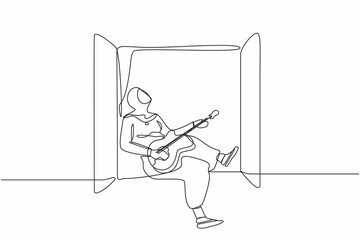 Continuous one line drawing Arabian woman sitting on windowsill and playing acoustic guitar. Rest, stay at home, melancholic, relaxation, comfort, romantic. Single line draw design vector illustration