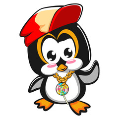 cute little penguin character mascot vector illustration wearing a gold chain and candy wearing a hip hop style hat