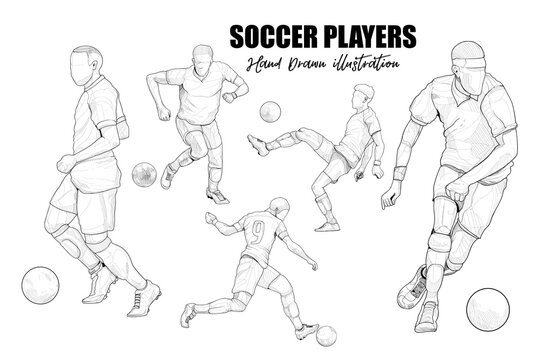 hand drawn illustration of soccer players set. drawing football. sport vector element