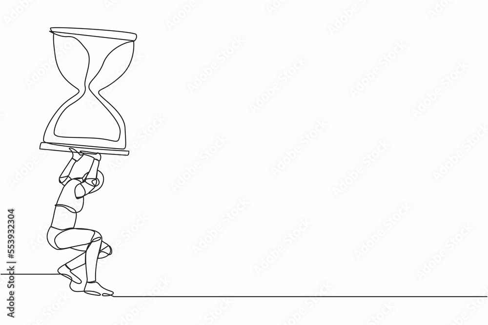 Poster single continuous line drawing of tired robot carrying heavy hourglass on his back. robot with deadl
