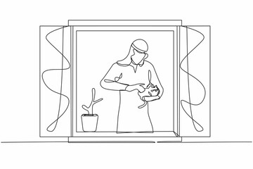 Continuous one line drawing Arab man with plant holding cat and looking through window. Stay home during pandemic. Coronavirus quarantine isolation warning. Single line draw design vector illustration