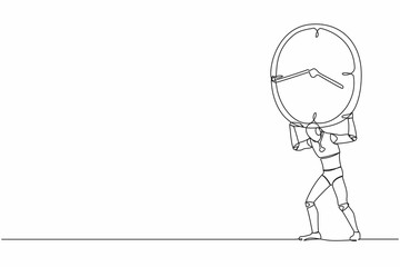 Single one line drawing tired robot carrying heavy clock on his back. Robot work within deadline and timeline, under pressure. Robotic artificial intelligence. Continuous line draw design illustration