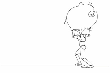 Continuous one line drawing tired robot carrying heavy piggy bank on his back. Broke and financial problems in tech industry. Future robotic development. Single line design vector graphic illustration