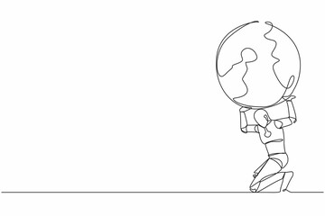 Single one line drawing of tired robot carrying heavy globe on his back. Earth exploitation, industrial pollution. World economic crisis. Future technology. Continuous line design vector illustration