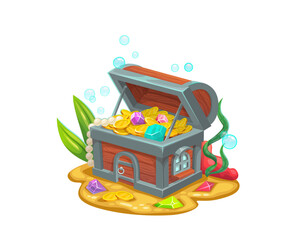 Underwater treasure chest house building. Vector creative fantasy dwelling, cartoon mermaid or fairy home inside of trunk with golden coins, gemstones and jewelry on ocean floor with sand and seaweeds