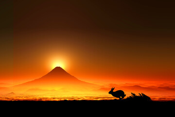 富士山の日の出とウサギ