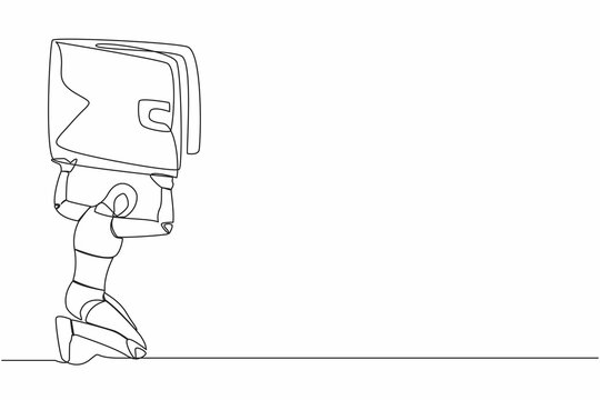 Single Continuous Line Drawing Tired Robot Carrying Heavy Wallet On His Back. Financial Economic Crisis At Tech Industry. Artificial Intelligence Machine Learning. One Line Design Vector Illustration