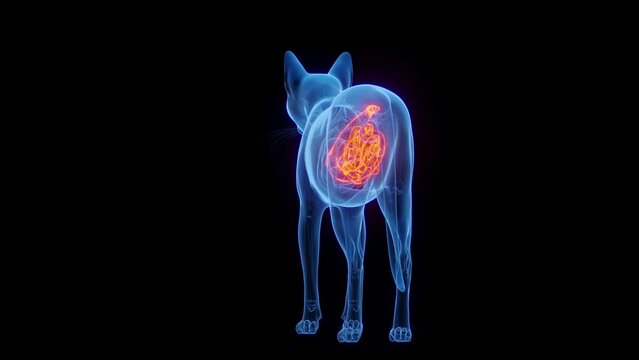 3D medical animation of the intestines of a cat