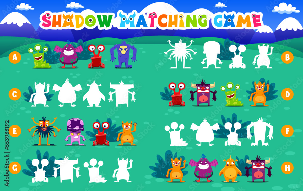 Poster shadow match game monster characters. find the correct shade of cartoon alien or mutant personage. k