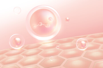 Hyaluronic acid hair and skin solutions ad, pink collagen serum drop into skin cells with cosmetic advertising background ready to use, illustration vector.	