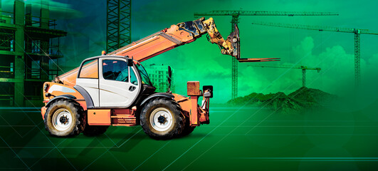Powerful wheeled forklift with telescopic mast in industrial background. Construction equipment for...