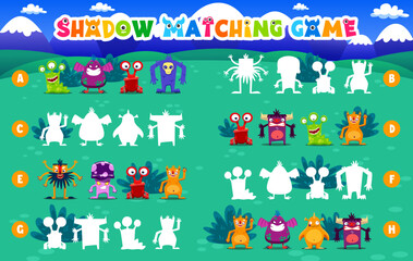 Obraz na płótnie Canvas Shadow match game monster characters. Find the correct shade of cartoon alien or mutant personage. Kids matching worksheet, educational riddle for logical mind and brain development for children