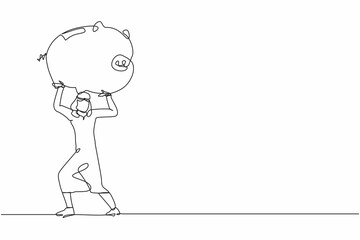 Single continuous line drawing Arab businessman carrying heavy piggy bank on his back. Male manager with financial problems. Losing money in economic crisis. One line draw design vector illustration