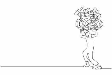 Single one line drawing Arabian businessman carrying heavy messy line on his back. Problem in economic crisis, pressure from too much responsibility. Continuous line design graphic vector illustration