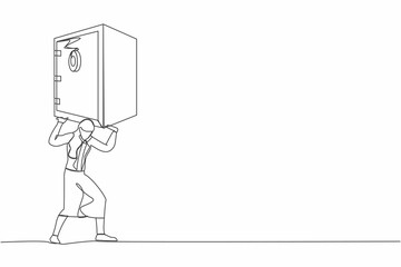 Single one line drawing frustrated businesswoman carrying heavy safe deposit box on her back. Money loss due to pandemic crisis. Debt and bankruptcy. Continuous line graphic design vector illustration