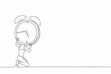 Single continuous line drawing frustrated businesswoman carrying heavy alarm clock on her back. Stressed employee with work pressure or business goal project. One line draw design vector illustration