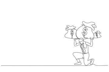 Continuous one line drawing frustrated businesswoman carrying money bag on her back. Finance crisis money fall down. Economic crash due to pandemic. Single line draw design vector graphic illustration