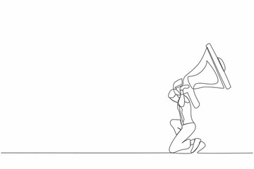 Single one line drawing frustrated businesswoman carrying megaphone on her back. Conflict and trouble in communication. Bullying, harassment at work. Continuous line design graphic vector illustration