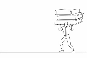 Continuous one line drawing exhausted businessman carrying heavy pile of paper folder on his back. Tired worker with a lot of work, pressure with paperwork. Single line draw design vector illustration