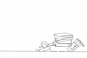 Continuous one line drawing Arab businesswoman under heavy pile of paper folder burden. Tired person cannot cope with amount of work. Worker with paperwork. Single line draw design vector illustration