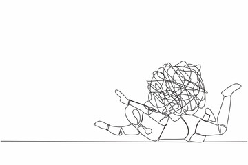 Single continuous line drawing stressed robot under heavy messy line burden. Anxiety from work difficulty, overload, economic crisis problem. Future technology development. One line draw design vector